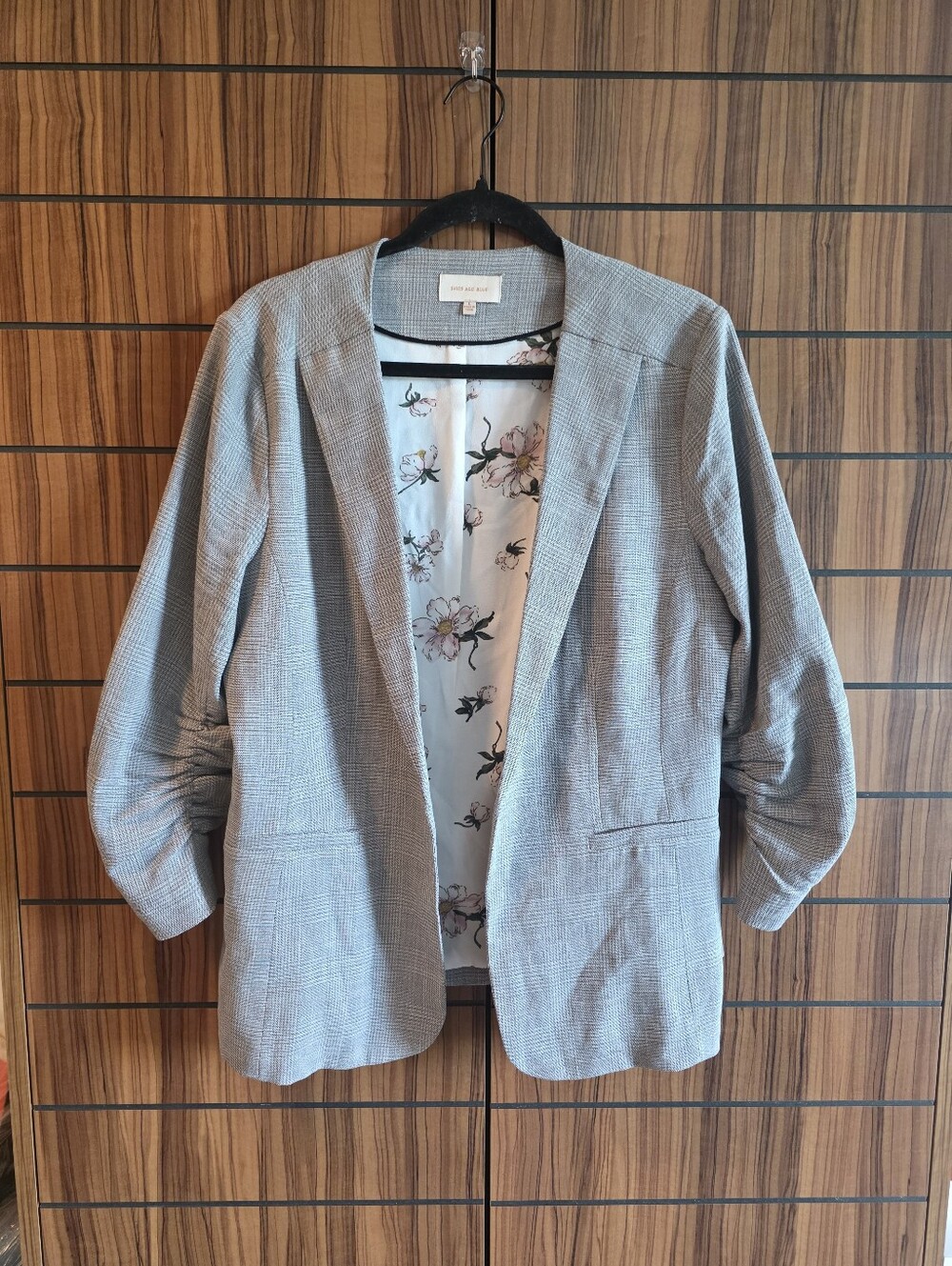Skies Are Blue Gray Plaid Open-Front Blazer with Floral Lining